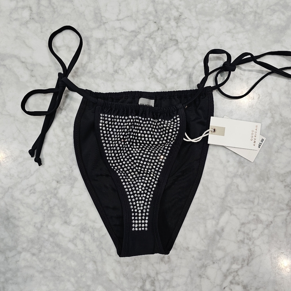 NWT Good American Black Rhinestone String Brazilian Bikini Bottoms size 2 Medium